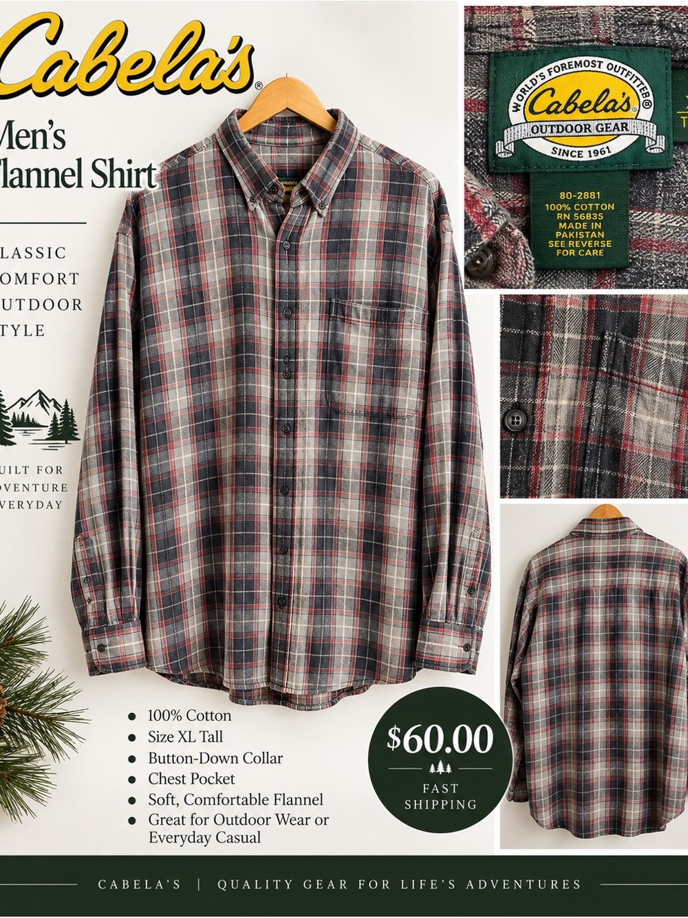 Cabela's Men's Gray, Red and Black Plaid Flannel Button-Down Shirt